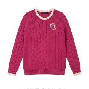 Lauren Ralph Lauren Pink Cable Knit RLL Logo Sweater with Cream Trim
